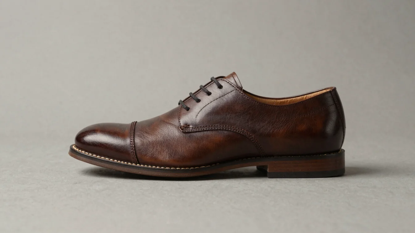 Individual leather shoe, straightforward full-product view on a neutral backdrop, soft even studio light, clear material