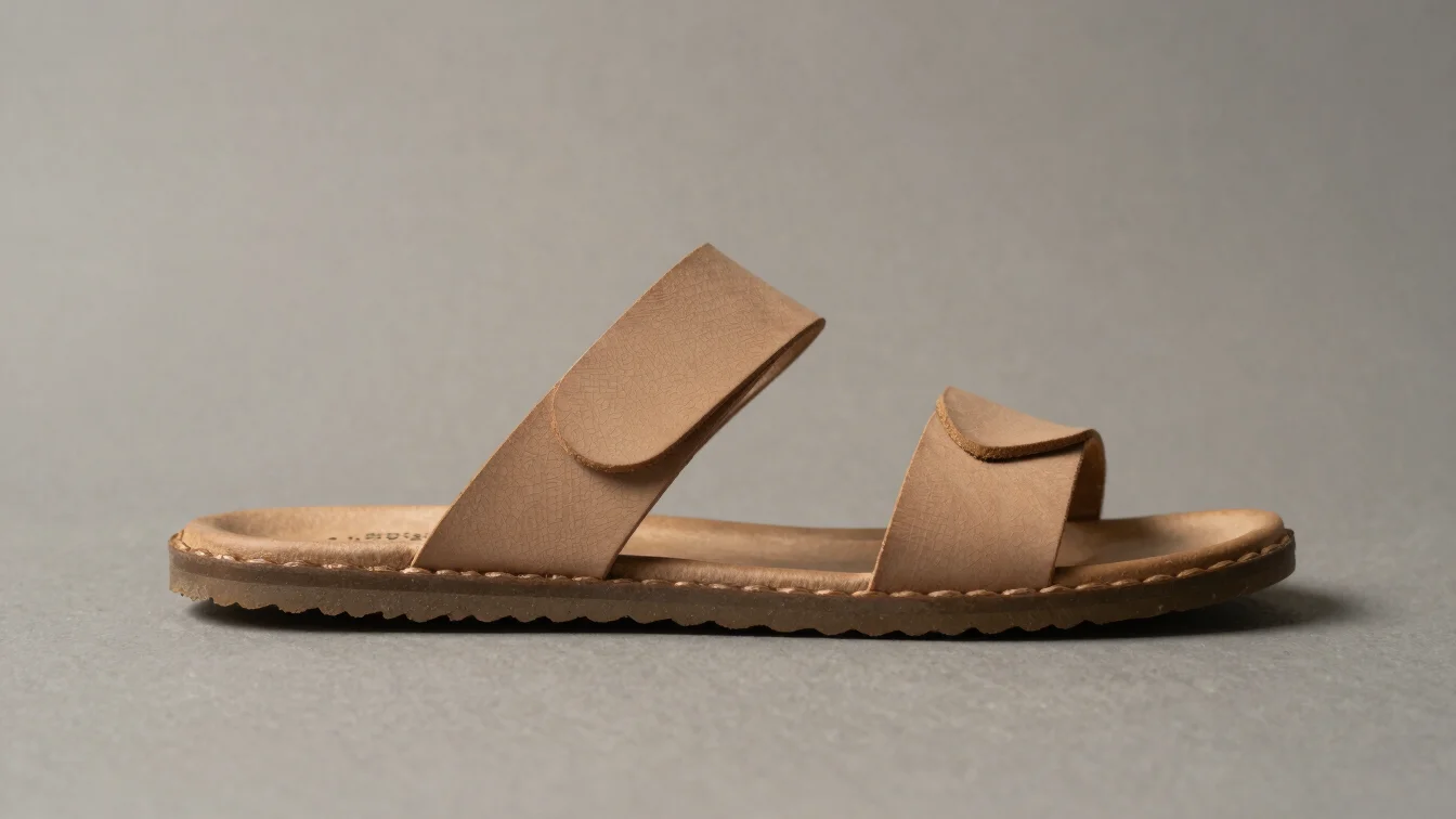 Leather-cum-rubber sandal on a plain neutral backdrop, soft even studio light showing sole and strap construction