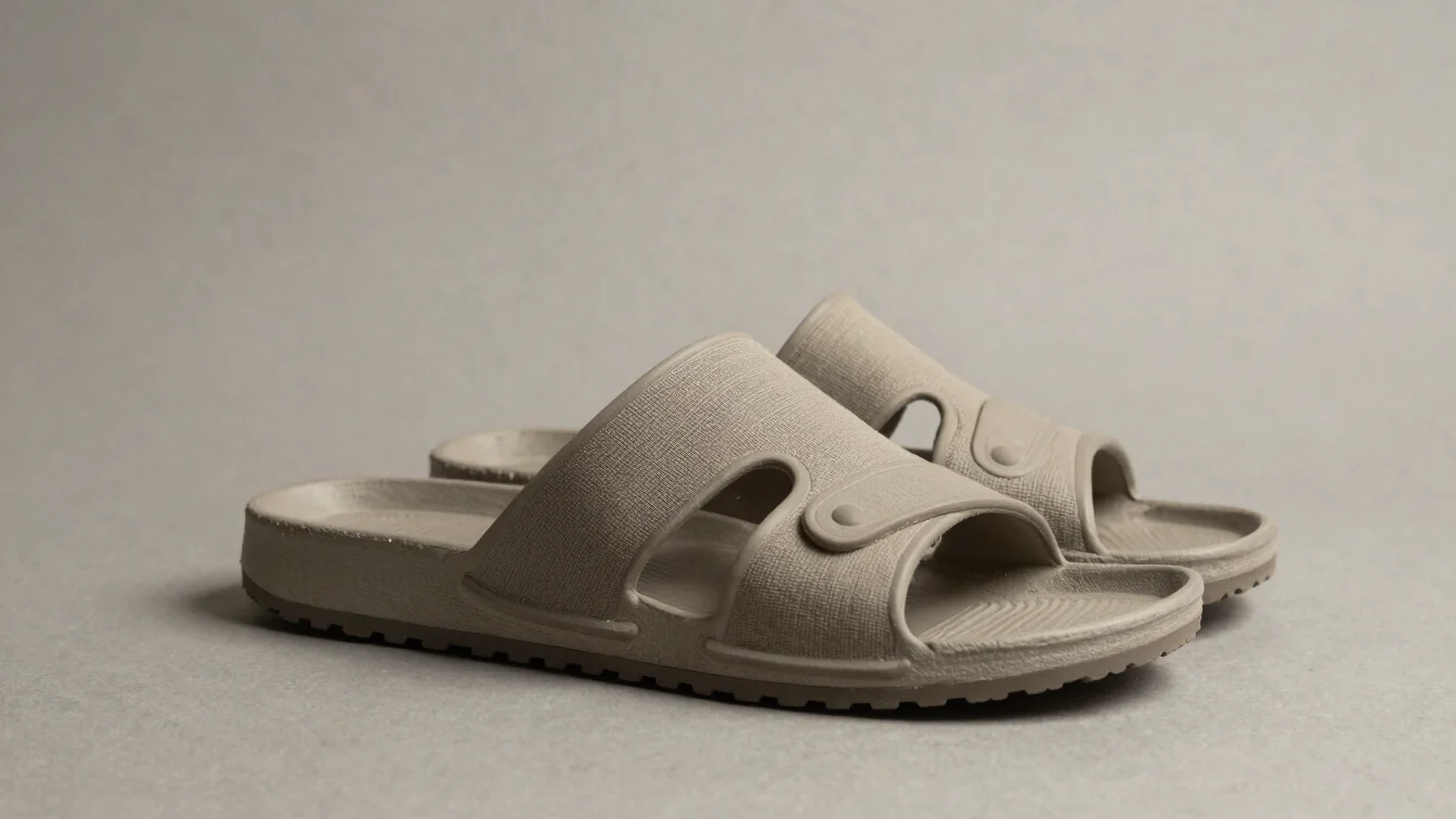 Cloth and plastic sandal on a plain neutral backdrop, soft even studio light showing fabric and plastic texture