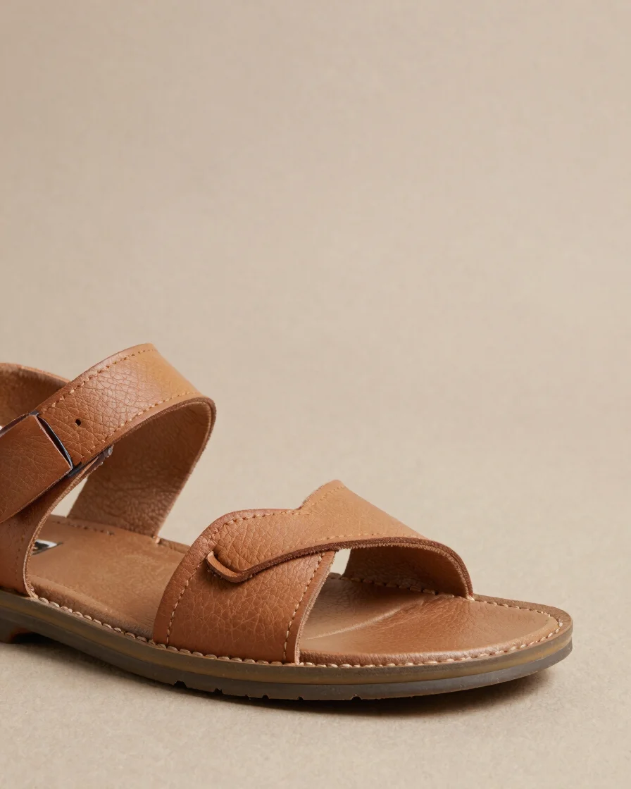Close detail of leather grain and rubber sole edge on a single sandal, even soft studio light, restrained neutral tones,