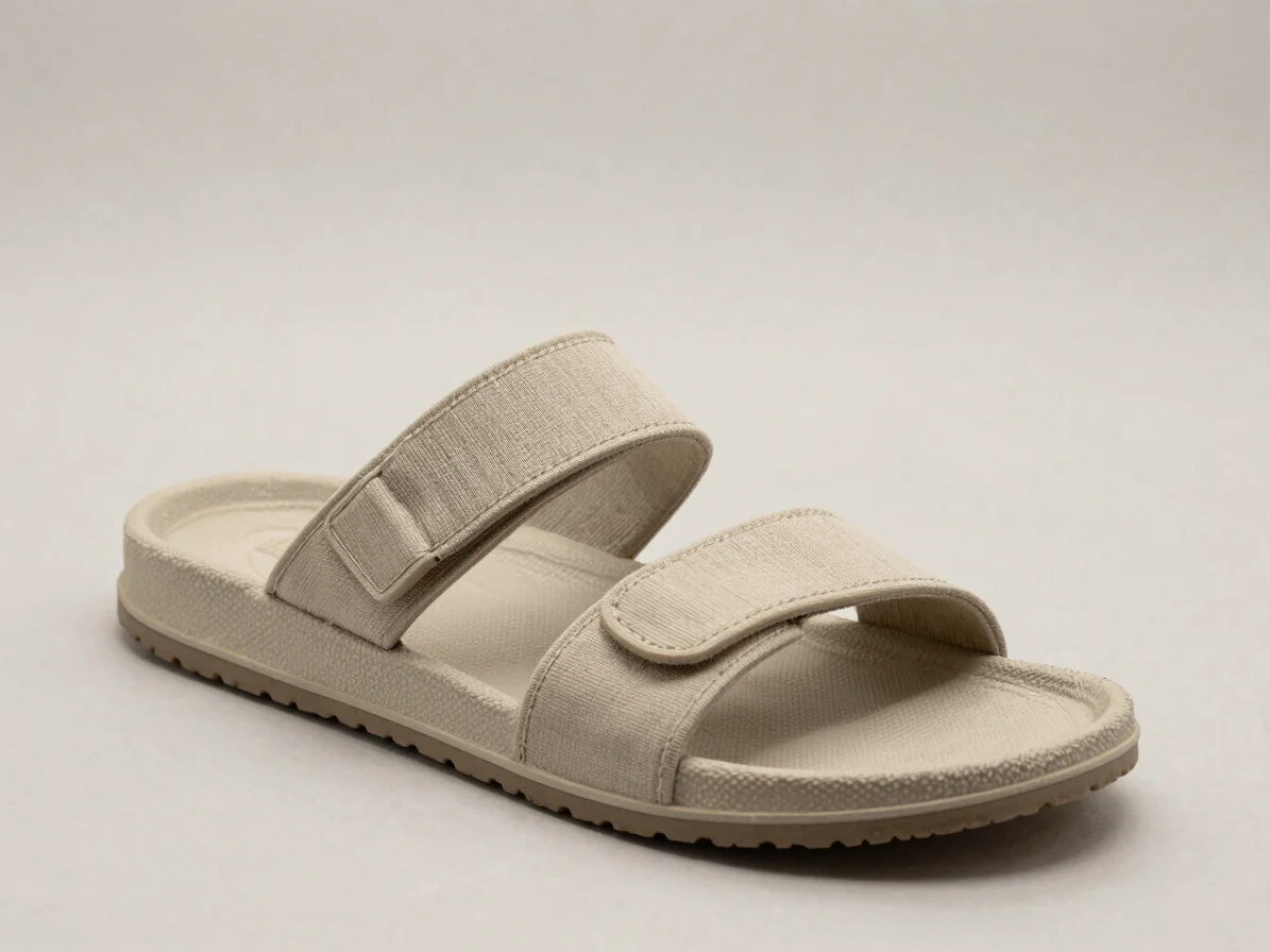 Close detail of cloth and plastic sandal straps and soles on a pl