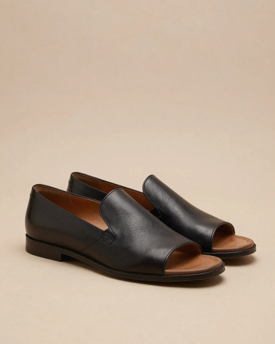 Editorial product photography of a pair of leather shoes and a le